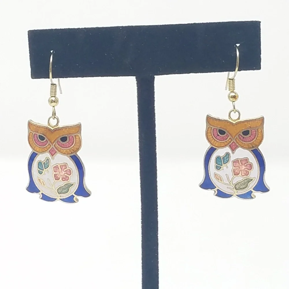 Vintage cloisonne‎ owl pierced earring dangle flora